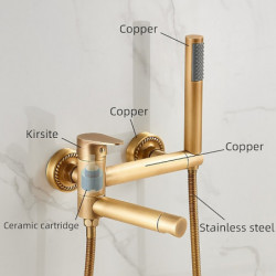 Vintage Dual Spout Wall Mounted Bathtub Tap: Golden Brass Bath Tub Filler Mixer Tap with Handheld Shower, Ceramic Valve Single H