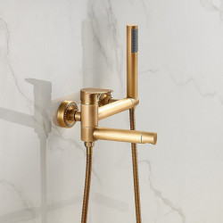 Vintage Dual Spout Wall Mounted Bathtub Tap: Golden Brass Bath Tub Filler Mixer Tap with Handheld Shower, Ceramic Valve Single H