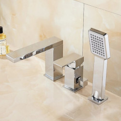 Contemporary Chrome Free Standing Bathtub Tap: Ceramic Valve Bath Shower Mixer Taps with Three Handles Three Holes