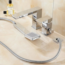 Contemporary Chrome Free Standing Bathtub Tap: Ceramic Valve Bath Shower Mixer Taps with Three Handles Three Holes