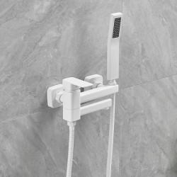 Wall Mounted White Bathtub Tap with Dual Spout: Brass Bath Tub Filler Mixer Tap with Handheld Shower, Ceramic Valve Single Handl