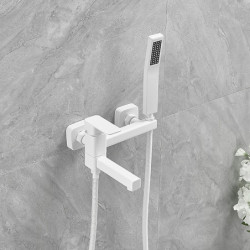 Wall Mounted White Bathtub Tap with Dual Spout: Brass Bath Tub Filler Mixer Tap with Handheld Shower, Ceramic Valve Single Handl