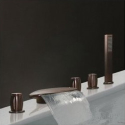 Contemporary Oil-rubbed Bronze Bathtub Tap: Roman Tub Brass Valve Bath Shower Mixer Taps with Three Handles, Five Holes, Waterfa