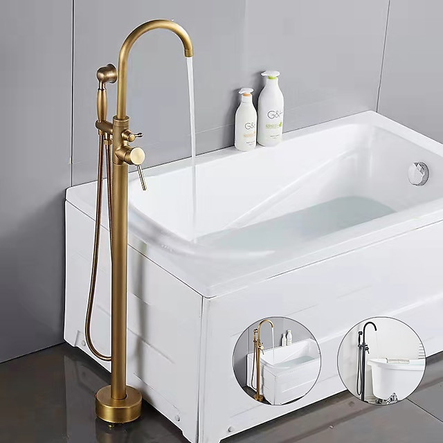 Vintage Floor Mount Bathtub Tap: Freestanding Bath Tub Filler Mixer Tap with Handheld Shower, 360 Swivel High Arc Spout Standing