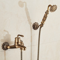 Retro Antique Brass Wall Mounted Bathtub Tap: Ceramic Valve Bath Shower Mixer Taps with Single Handle, Rain Shower, Handshower I