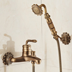 Retro Antique Brass Wall Mounted Bathtub Tap: Ceramic Valve Bath Shower Mixer Taps with Single Handle, Rain Shower, Handshower I