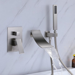 Modern Wall Mounted Bathtub Tap with Hand Shower: Ceramic Valve Bathtub Filling Shower Mixer Taps, Single Handle Cascading Tap