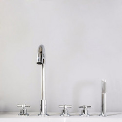 Deck Mounted 5 Hole Bathroom Tub Taps: Sink Mixer with 3 Handle, Hot and Cold Bathroom Shower Taps with Handshower Handheld Tap