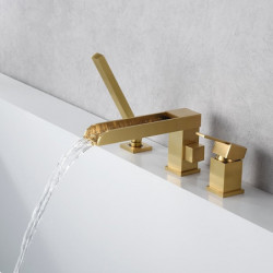 Golden Bathtub Tap with Waterfall Long Spout: Bath Tub Filler Mixer Taps with Heldhand Shower, 60-inch Hose, 3 Hole 2 Handle Dec