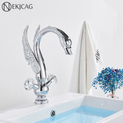 Chrome Luxurious Double Cristal Handle Bathroom Sink Mixer Tap Deck Mount Brass Swan Shape Washbasin Tap