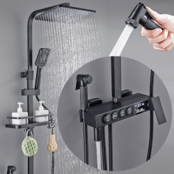 LED Display Thermostatic Shower Tap Set: Handshower Included Pullout Shelf Rainfall Shower, Electroplated Mount Outside, Ceramic