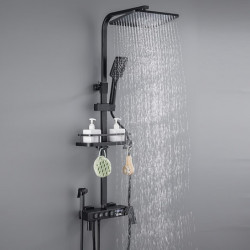 LED Display Thermostatic Shower Tap Set: Handshower Included Pullout Shelf Rainfall Shower, Electroplated Mount Outside, Ceramic