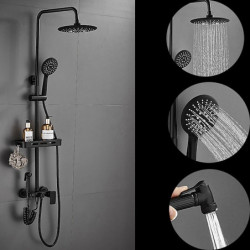 Shower System Tap Combo Set with 8" Rain Showerhead: Multi-Function Hand Shower, Adjustable Slide Bar, Soap Dish Wall Mounted Ce