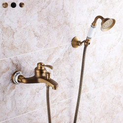 Vintage Style Rainfall Shower Head System Set: Handshower Included Pullout, Country Antique Brass Electroplated Mount Outside, C