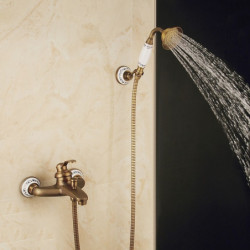 Vintage Style Rainfall Shower Head System Set: Handshower Included Pullout, Country Antique Brass Electroplated Mount Outside, C