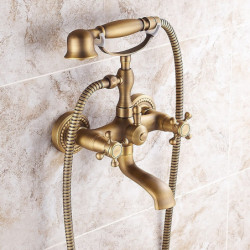 Brass Shower Tap Set with Bathtub Spout Shower System: 2 Knob Handle Telephone Style Heldhand Showerhand, 1.5m Hose Wall Mounted