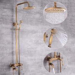 Vintage Style Shower System Tap Set: 8" Showerhead Golden Rainfall, Combo Kit with Handheld Handshower Wall Mounted, Country Ant