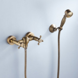 Antique Brass Wall Mounted Bathtub Tap with Handheld Shower: Retro Style Hot and Cold Water Bath Fitting for Bathroom Shower