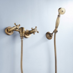 Antique Brass Wall Mounted Bathtub Tap with Handheld Shower: Retro Style Hot and Cold Water Bath Fitting for Bathroom Shower