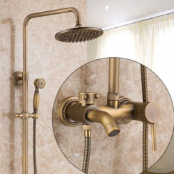 Vintage Shower System Tap Set: 8" Rainfall Shower Head with Handheld Handshower Combo Kit Wall Mounted, Adjustable Brass Body, S