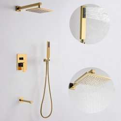 Gold Shower Taps Set: Complete with Stainless Steel Shower Head, Solid Brass Handshower, and Rotary Nozzle Wall Mounted Installa