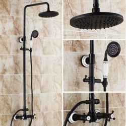 Black Brass Two Handles Shower Systerm Set: Three Holes Adjustable Electroplated Rainfall High Pressure Shower Mixer Taps with R