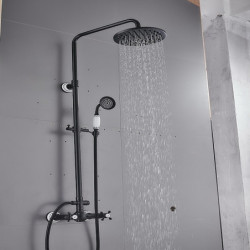 Black Brass Two Handles Shower Systerm Set: Three Holes Adjustable Electroplated Rainfall High Pressure Shower Mixer Taps with R