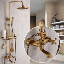 Rainfall Antique Brass Shower Fixture Shower System Set: 8 Inch Shower Head Handled Shower Waterfall Tub Spout Wall Mounted Outd