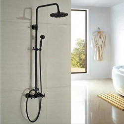 Copper Rainfall Antique Oil-rubbed Bronze Shower System Tap Set: Two Handles Three Holes Bath Shower Mixer Taps with Hot and Col