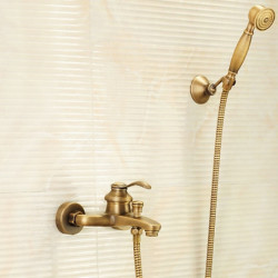 Antique Brass Wall Mounted Shower Tap Set: Rainfall Single Handle Two Holes Shower Mixer Taps with Hot and Cold Switch