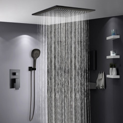 Matte Black 16 Inch Shower Taps Set: Concealed Shower System Solid Brass with 3-Function Handheld, Handshower Ceiling Mounted Co