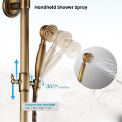 Vintage Shower System Tap Combo Set: Ceramic Mixer Valve, 8 inch Brass Rainfall Shower Head Showerhead with Handheld Spray, Anti