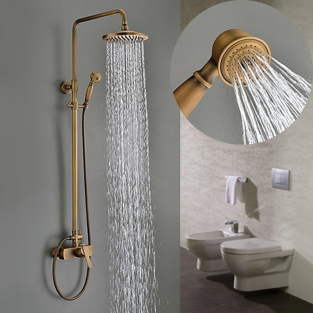 Traditional Antique Brass Wall Mount Shower Taps Set: 8 Inch Round Rainfall Shower Head Wide Spout Brass Handheld Sprayer, Vinta