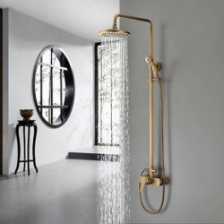 Traditional Antique Brass Wall Mount Shower Taps Set: 8 Inch Round Rainfall Shower Head Wide Spout Brass Handheld Sprayer, Vinta