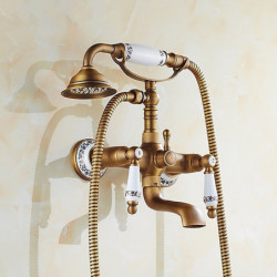 Rainfall Shower Vintage Style Antique Brass Wall Mounted Shower Tap Set: Ceramic Valve Bath Shower Mixer Taps