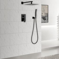 Black Concealed Shower Tap Combo Set: Ultra-Thin Top Head Shower System Mixer Rough-In Valve Rainfall High Pressure Head with Ha