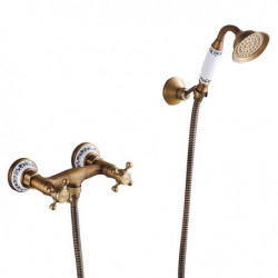 Vintage Style/Country Antique Brass Wall Mounted Shower Tap Set: Handshower Included Pullout, Two Handles One Hole, Ceramic Valv