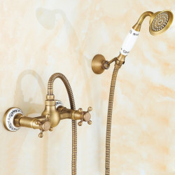 Brass Shower Tap Set: Wall Installation Waterfall Portable Spray Pullout Handshower with Cold/Hot Water, Two Handles One Hole