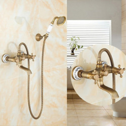 Traditional Shower System Tap Set: Vintage Brass Dual Spout Wall Mounted Ceramic Mixer Valve with Bathtub Spout and Heldhand Han