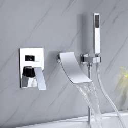 Chrome High Flow Waterfall Wall Mounted Bathtub Tap: Waterfall Tub Tap with Handheld Shower, Waterfall Spout Tub Filler Solid Br