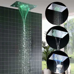 Chrome/3-Color LED Bathroom Taps Rain Mixer: Complete with Stainless Steel Rainfall Shower Head Ceiling Mounted, Color Change By