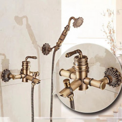 Vintage Brass Wall Mounted Shower Tap Set with Handheld Sprayer and Tub Spout, Cold and Hot Hose Included