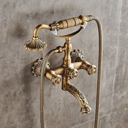 Vintage Brass Wall Mounted Shower System Tap Set: 360 Swivel Antique Brass Bathroom Shower Head Facuet Kit with Handheld Shower 