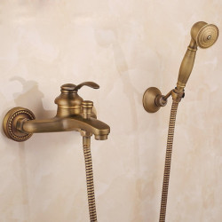 High Flow Vintage Style Wall Mounted Outside Antique Bathroom Shower Tap Set: Dual-Head Pull Out Shower Head with Handheld, Hot 