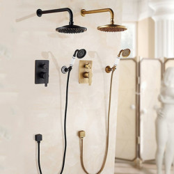 Vintage Brass Wall Mounted Shower Tap Set: Rainfall Overhead Combo Set Bathroom Mixer Ceramic Shower Handheld Sprayer High Press