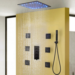 Contemporary Black Bath Shower Tap Set: 16 Inch Bathroom Rain LED Shower Head, Hot And Cold Mixer Valve, Brass Hand Shower Inclu