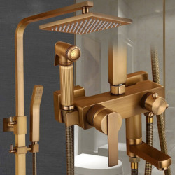 Antique Brass Shower System Set: Mount Outside Waterfall Pullout Included Multi Spray and Rainfall Shower Bath Shower Mixer Taps