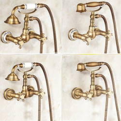 Body Jet Massage Set Handshower Included Pullout Rainfall Shower Antique Vintage Style Antique Brass Wall Mounted Shower Tap, Mo