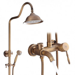 Vintage Style/Country Antique Brass Wall Mounted Shower System Set: Handshower Included Pullout Waterfall, Mount Outside Ceramic