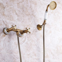 Vintage Style Antique Brass Wall Mounted Shower Tap Set: Handshower Included Pullout, Mount Outside Brass Valve Bath Shower Mixe